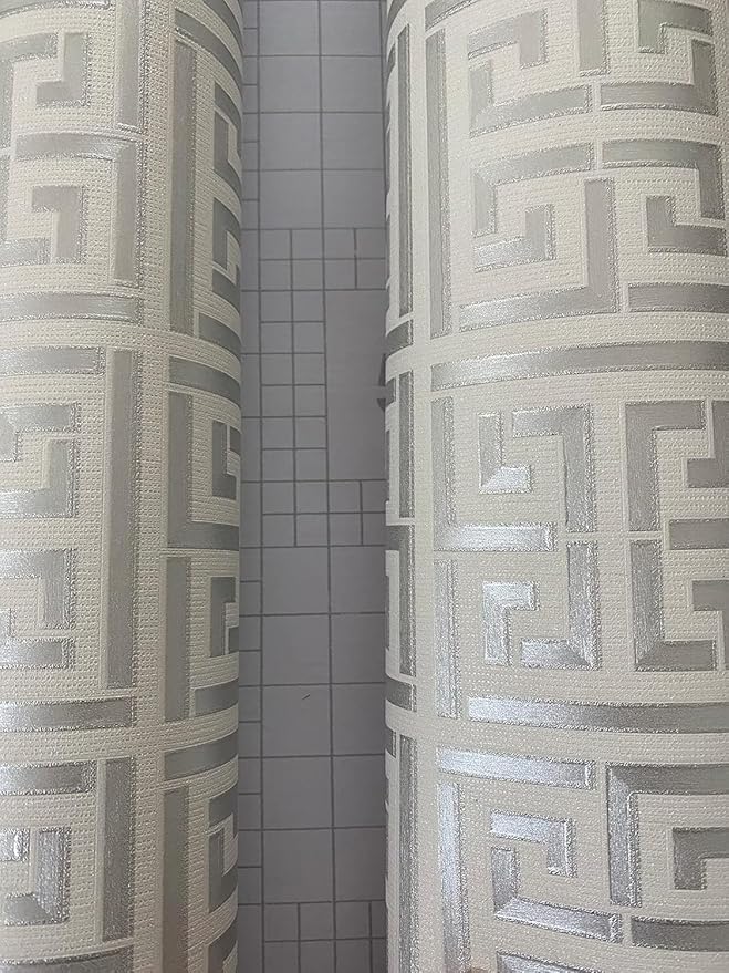 17.7"x236.0"Greek Key Peel and Stick Wallpaper Modern Classic Geometric Trellis Self Adhesive Wallpaper Silver/White Textured Vinyl Contact Paper Washable