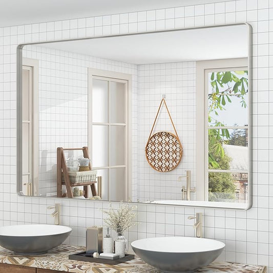 60x36 Silver Bathroom Mirrors for Vanity, Brushed Metal Silver Framed Bathroom Mirror for Wall, Modern Rectangle Mirror, Rounded Corners, Shatterproof (Horizontal/Vertical)