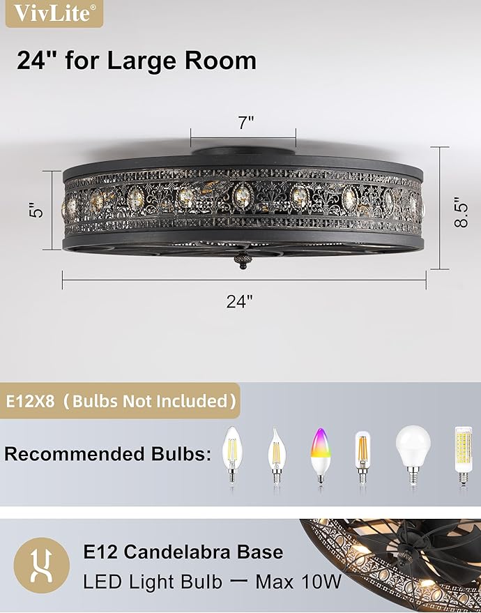 24" Vintage Crystal Chandelier Fan, Luxury Art Deco Flush Mount Fandelier with Lights and Remote, Rustic Enclosed Bladeless Ceiling Fan for Living Room, Dining Room, Large Bedrooms