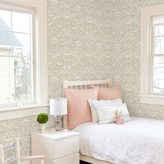 17.7x394in Vintage Floral Wallpaper Peel and Stick William Morris Wallpaper Neutral Strawberry Bird Botanical Self Adhesive Removable Waterproof Contact Paper for Living Room Bedroom Bathroom