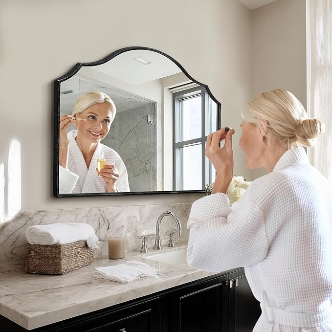 Black Scalloped Arched Mirror: 32"x24" Modern Wall Mirror - Minimalist Mantel Mirrors for Vanity/Bedroom/Entryway/Bathroom/Hallway - Home Decor for Small Apartment