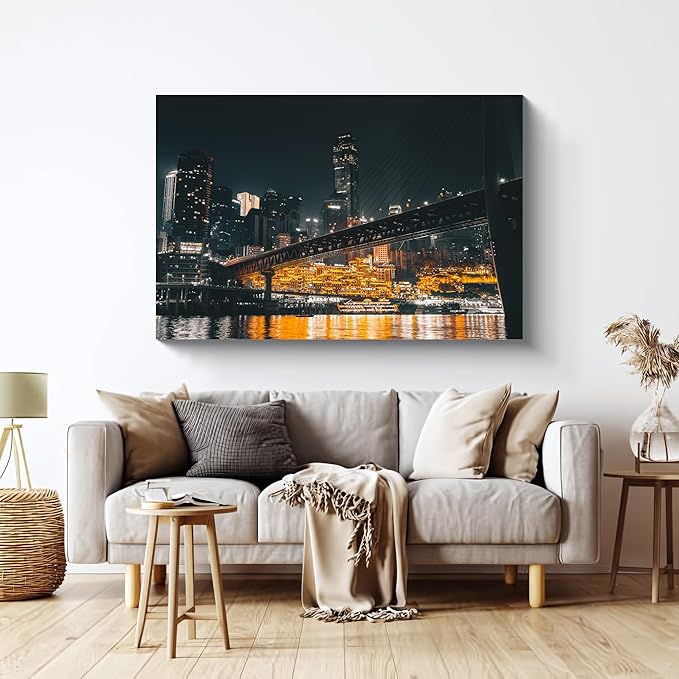 NAN Wind 1PCS Chongqing City Nightscape Canvas Wall Art Illuminated Chinese Skyline with Bridge Skyscrapers Modern Urban Landscape Photography Print for Living Room Office Bedroom Decor