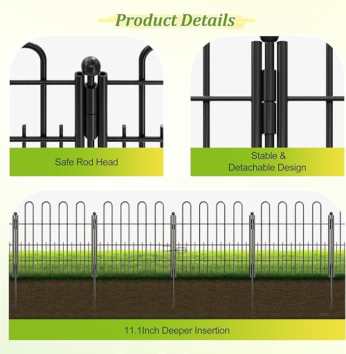 Bepatio Decorative Garden Fence Animal Barrier with Gate, 11.8in (H) x 16ft (L) 10 Panels Dog Fence Outdoor for Yard, Heavy Duty Metal Fence Border, Flower Bed, Easy Setup, Black