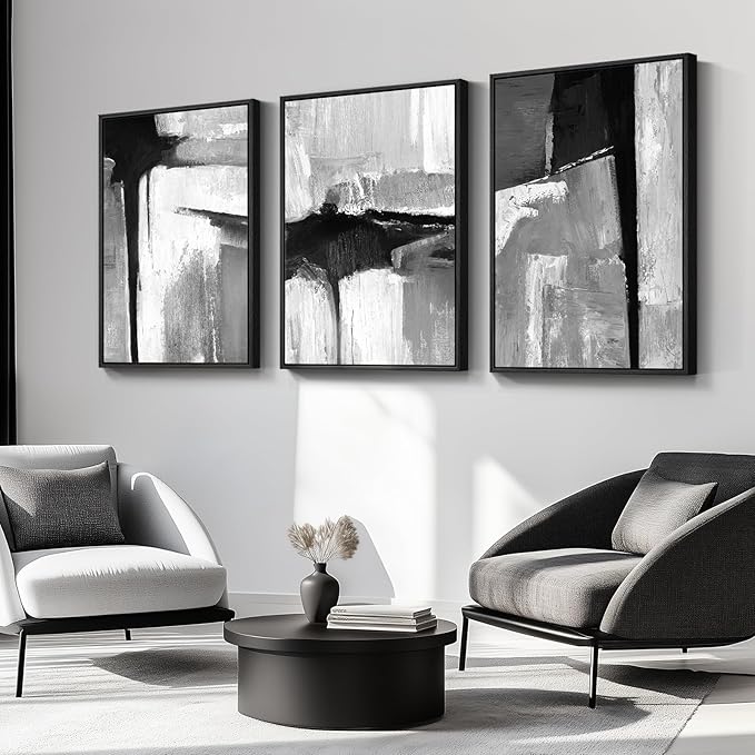 Large Framed Black and White Gray Abstract Wall Art for Living Room, 3 Piece Modern Canvas Prints Paintings Artwork for Walls, Grey Abstract Pictures for Hallway Office Wall Decor 24x36 In