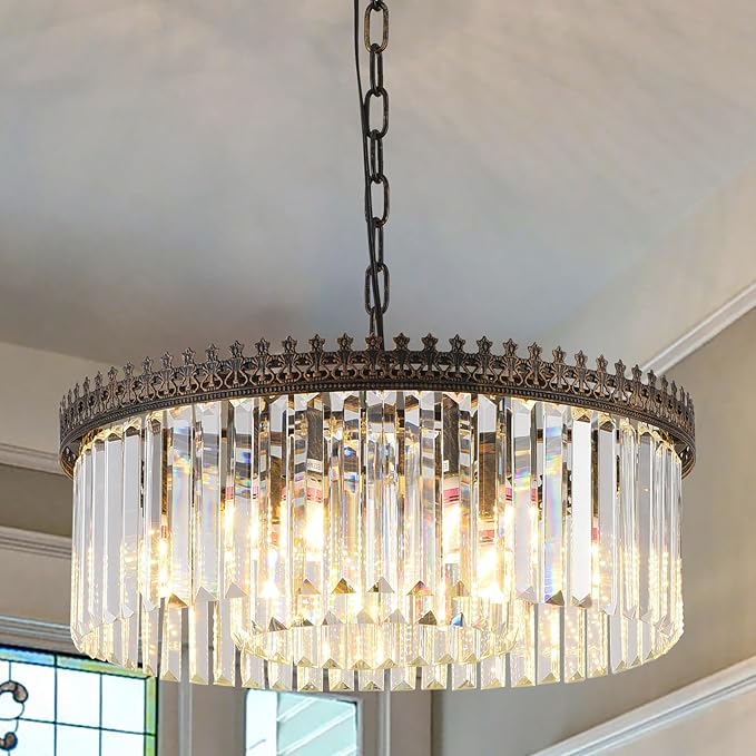 6-Light Crystal Chandelier, 21.6" Modern Farmhouse Crystal Light Fixture, Vintage Antique Bronze Round Hanging Lighting Fixture for Dining Room Foyer Living Room Entryway