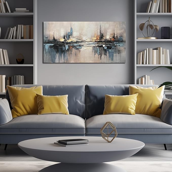 Abstract Canvas Wall Art for Bedrooom Blue and Gray Wall Decor for Living Room City Wall Art for Office 20 x 40 Inches