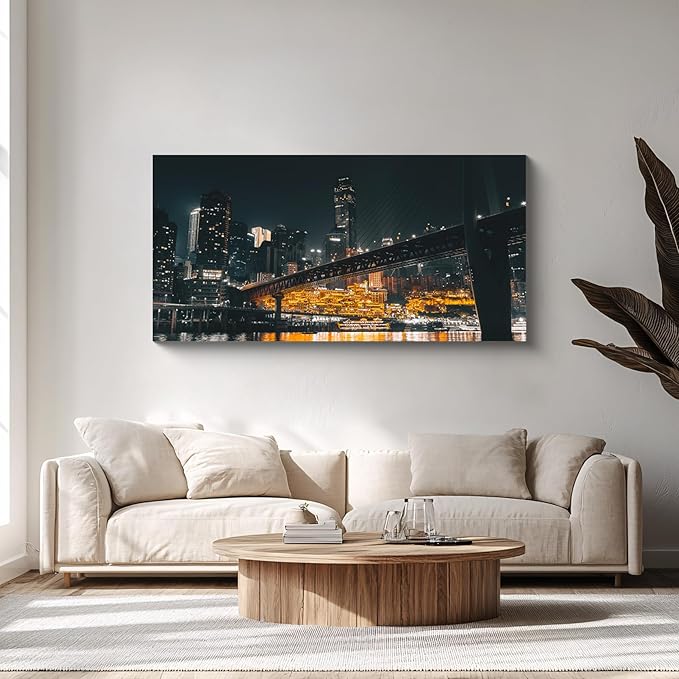 NAN Wind 1PCS Chongqing City Nightscape Canvas Wall Art Illuminated Chinese Skyline with Bridge Skyscrapers Modern Urban Landscape Photography Print for Living Room Office Bedroom Decor