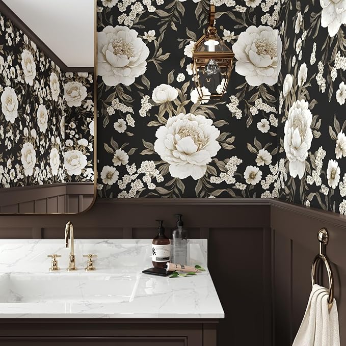 Boho Wallpaper Peel and Stick Dark Floral Wallpaper for Cabinet 17.5in x118in Vintage Contact Paper Waterproof Self Adhesive Modern Flowers Leaf Wall Paper for Room Walls Bathroom Decor
