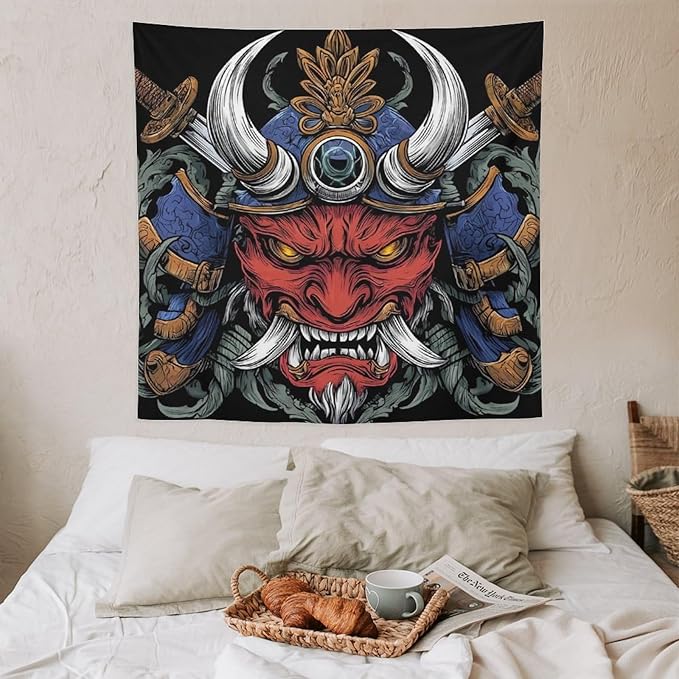 UUKXKUU Oriental Retro Mask Symmetry Samurai Tapestry Large Wall Art Backdrop Flag Wall Hanging Decor for Living Room Bedroom Dorm Office 60"×60"