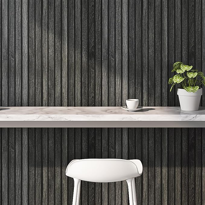Livelynine 15.8x197 Black Slat Wallpaper Peel and Stick for Bedroom Self Adhesive Wall Paper for Bathroom Waterproof Contact Paper Black Beadboard Paneling Wallpaper Modern Wood Slats for Wall Decor