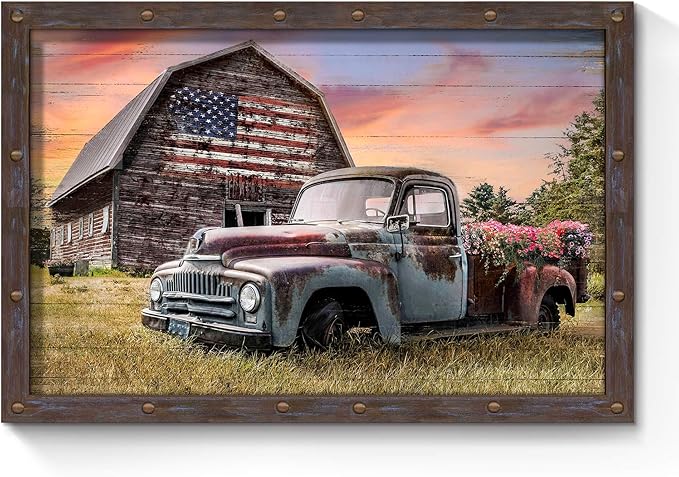 Country Barn Wooden Wall Art: Large Rural Old Car Landscape Framed Artwork Farmhouse Blue Truck Picture Large Rustic Countryside Scenery Office Painting Print for Living Room Bedroom