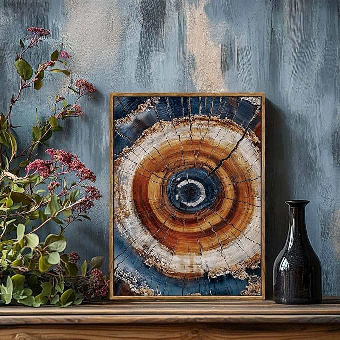 BingruiArt Framed Tree Ring Canvas Wall Art Abstract Wood Wall Decor Boho Modern Colorful Nature Painting Wood Stump Prints Pictures for Living Room Bedroom Bathroom Office 12"x16" Natural Framed(05)