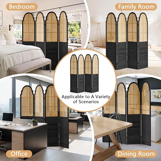 4 Panel Rattan Room Divider Panel, 5.6Ft Partitions and Dividers, Louvered Partition Divider, Room Dividers Screen, Solid Wood Frame, Folding Screen, Bedroom, Family Room, Black