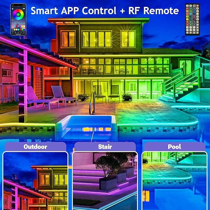 Outdoor LED Strip Lights Waterproof,IP68 Outside Led Light Strips Waterproof with Bluetooth App Remote Control,Music Sync RGB Exterior Led Rope Lights,for Balcony,Deck (300ft Outdoor LED Strip Lights)