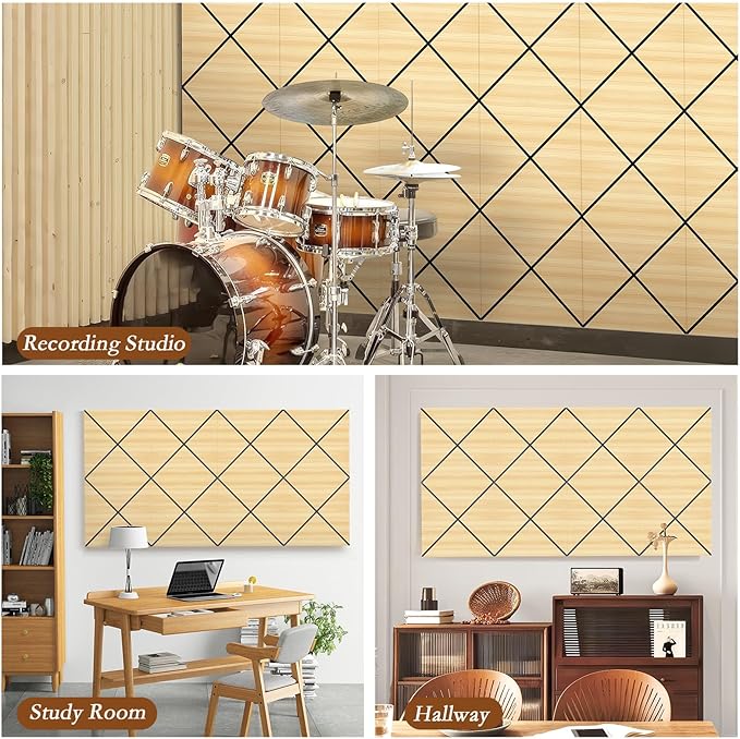 4Pack Acoustic Wall Panel, Self-Adhesive Soundproof Foam Panels for Wall, 3D Perforated Tri-Layer Polyester Fiber Decorative Acoustic Insulation for Recording Studio, Office, Home, 24×12×1.78" Rhombus
