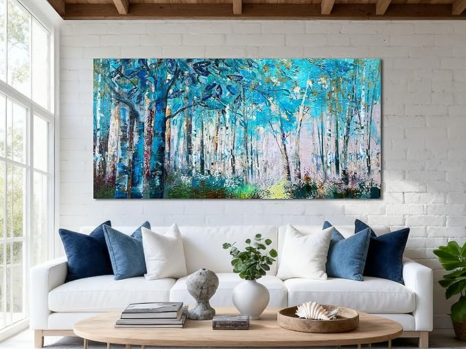 Ardemy Blue Tree Wall Art for Living Room Extra Large Canvas Wall Decor Forest Landscape Picture Bedroom Nature Teal Abstract Painting Artwork Textured Art for Home Office, 58"x29"
