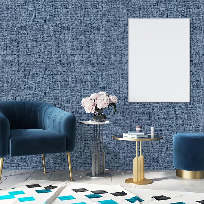 Blue Wallpaper Grasscloth Peel and Stick Wallpaper 17.7inch x 118.1inch Textured Wall Paper Stick and Peel Blue Contact Paper Grasscloth Faux Linen Removable Navy Waterproof Self Adhesive Vinyl