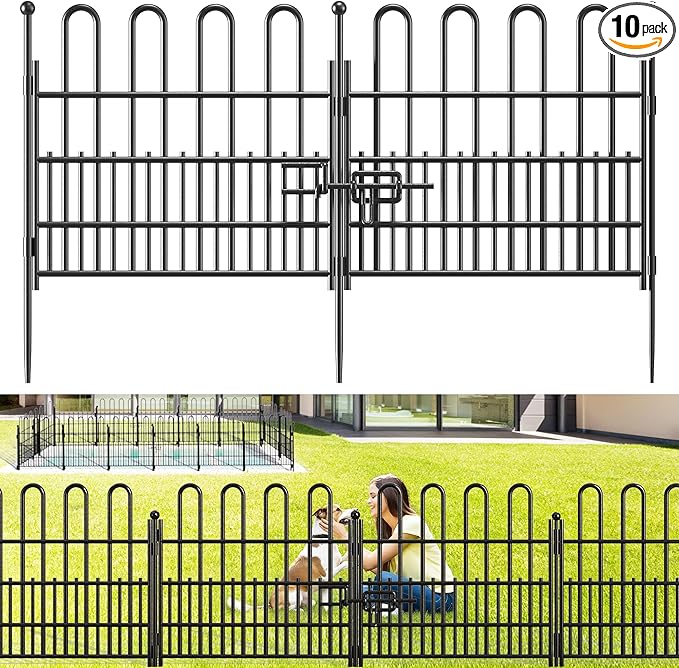 Bepatio Decorative Garden Fence Animal Barrier with Gate, 24in (H) x 20ft (L) 10 Panels Decorative Dog Fence Outdoor for Yard, Heavy Duty Rustproof Metal Fence Border, Flower Bed, Easy Setup, Black