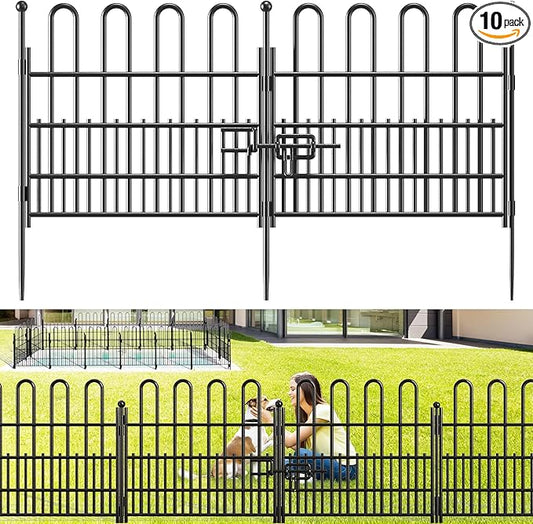 Bepatio Decorative Garden Fence Animal Barrier with Gate, 24in (H) x 20ft (L) 10 Panels Decorative Dog Fence Outdoor for Yard, Heavy Duty Rustproof Metal Fence Border, Flower Bed, Easy Setup, Black