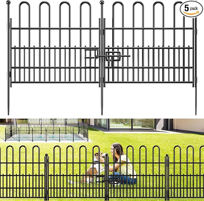 Bepatio Decorative Garden Fence Animal Barrier with Gate, 24in (H) x 10ft (L) 5 Panels Dog Fence Outdoor for Yard, Heavy Duty Metal Garden Fence Border, Flower Bed, Easy Setup, Black