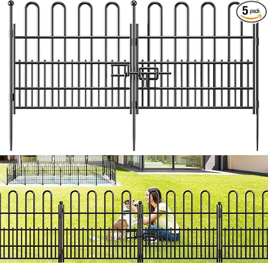 Bepatio Decorative Garden Fence Animal Barrier with Gate, 24in (H) x 10ft (L) 5 Panels Dog Fence Outdoor for Yard, Heavy Duty Metal Garden Fence Border, Flower Bed, Easy Setup, Black