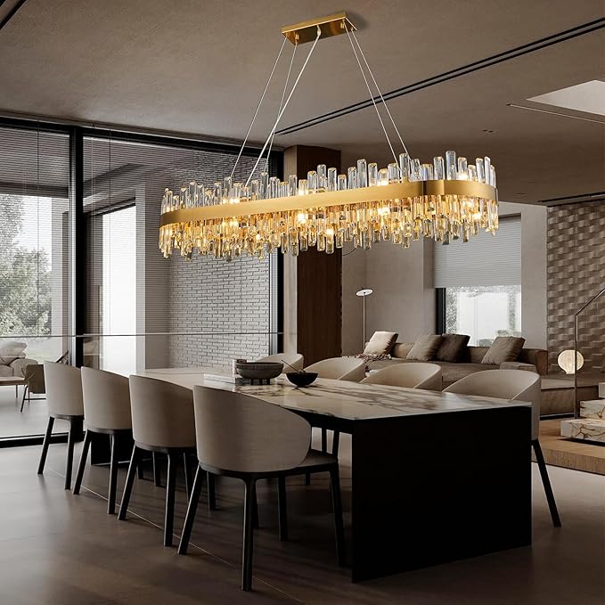 Modern Crystal Chandeliers, Luxury Gold Rectangle Light Fixture, 2-Tier Rectangular Brass Raindrop Chandelier for Dining Room, Oval Pendant Ceiling Light for Kitchen Island, L52''