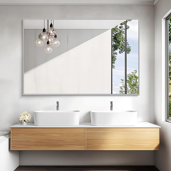 KOCUUY Silver Bathroom Mirror, 55"x36" Large Rectangle Bathroom Mirror for Wall, HD Tempered Glass, Anti-Rust Brushed Silver Frame, Modern Design for Bathroom, Bedroom, Hang Horizontal/Vertical