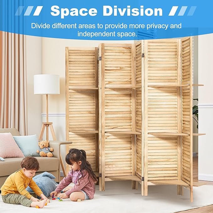 2 PCS Room Dividers 5.6FT Louvered Design 6 Panel Room Dividers with Display Shelves Folding Privacy Screens Portable Freestanding Partition Wall Dividers for Bedroom, Natural Wood