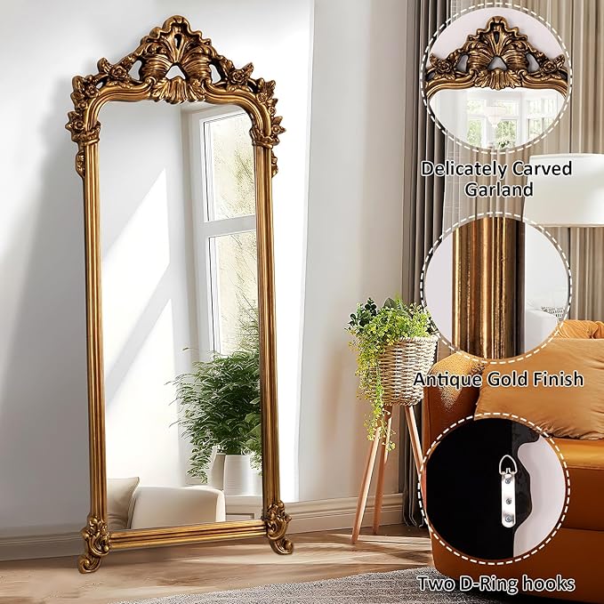Large Gold Vintage Mirror, 66"x28" Arch Full Length Mirror with Ornate Lightweight PU Frame, Traditional Carved Top Decorative Mirrors for Living Room Dining Room Bedroom Entryway