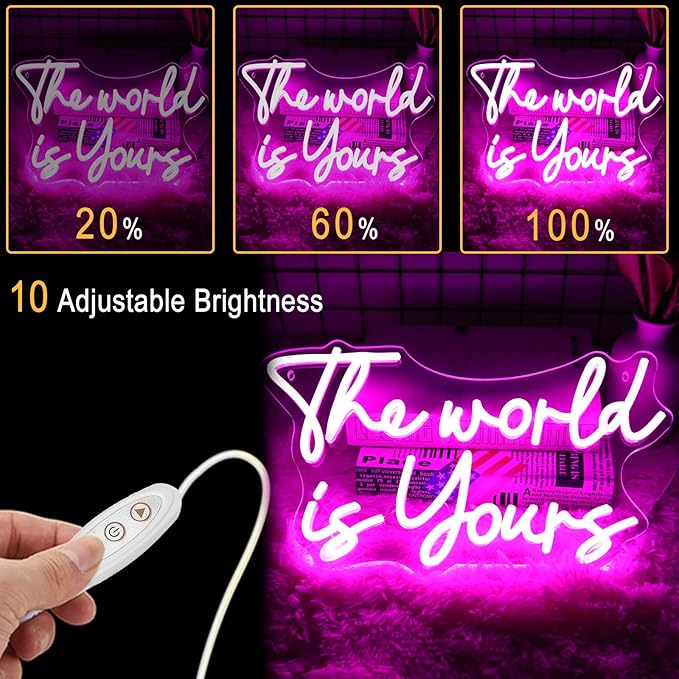 Neonwall The World Is Yours Neon Signs, Pink Led Neon Light for Wall Decor，Light Up Sign for happy birthday, Wedding, Engagement,USB Powered Led Neon Signs for Bedroom Decor 22 x 13'' (Pink)