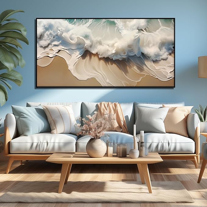 Ocean Waves Canvas Wall Art with Black Frame, Beach Scenery View Home Decor Picture, Sea Waves Canvas Wall-Decoration for Living Room, Seaside Scene Large Decorative Print Artwork for Bedroom 59"x29"