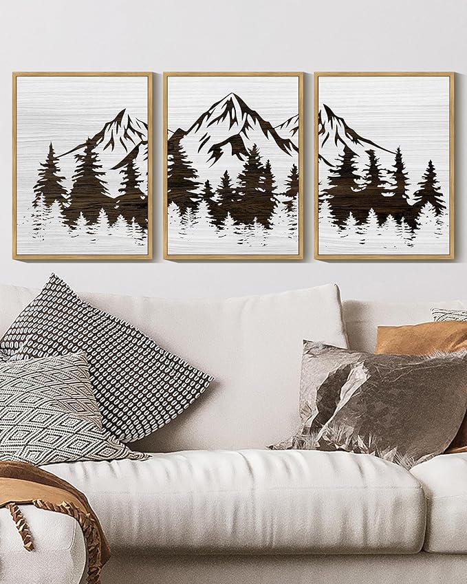 KUVIOKE Mountains Tree Framed Wall Art Boho White Forest Nature Landscape Artwork Painting Morden Country Woodcut Wood Wall Decor Rustic Home Decor for Bedroom Farmhouse 12x16in (Natural Framed)