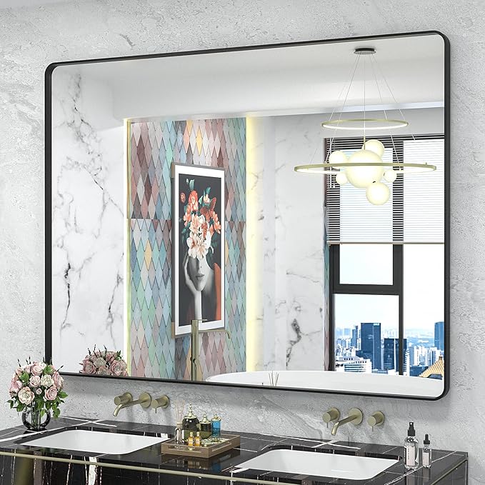 48x40 Inch Black Metal Framed Bathroom Mirror for Wall, Large Rounded Rectangle Mirror, Matte Black Bathroom Vanity Mirror, Anti-Rust, Shatterproof, Hangs Horizontally or Vertically