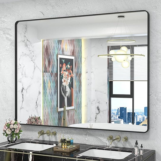 48x40 Inch Black Metal Framed Bathroom Mirror for Wall, Large Rounded Rectangle Mirror, Matte Black Bathroom Vanity Mirror, Anti-Rust, Shatterproof, Hangs Horizontally or Vertically