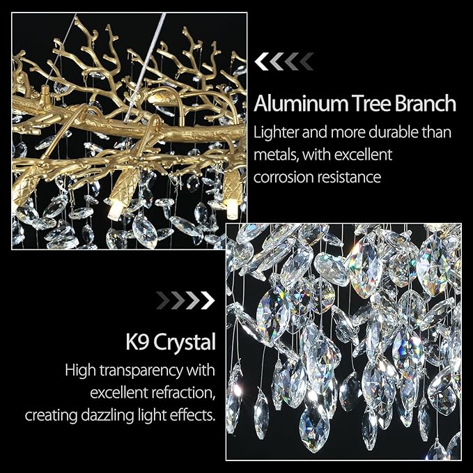 L36inch Crystal Rectangle Chandelier for Dining Room, Gold Tree Branch Chandeliers Over Table, Top K9 Crystal Modern Chandeliers for Kitchen Island,Dining Table,Luxury Rectangular Chandelier