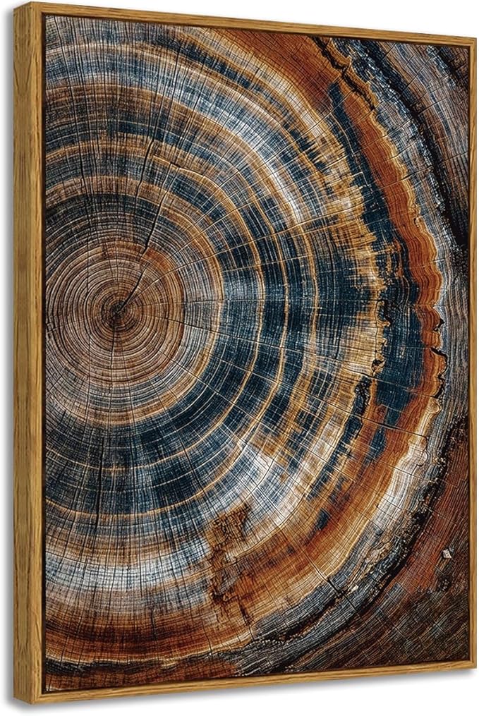BingruiArt Framed Tree Ring Canvas Wall Art Abstract Wood Wall Decor Boho Modern Colorful Nature Painting Wood Stump Prints Pictures for Living Room Bedroom Bathroom Office 12"x16" Natural Framed(04)