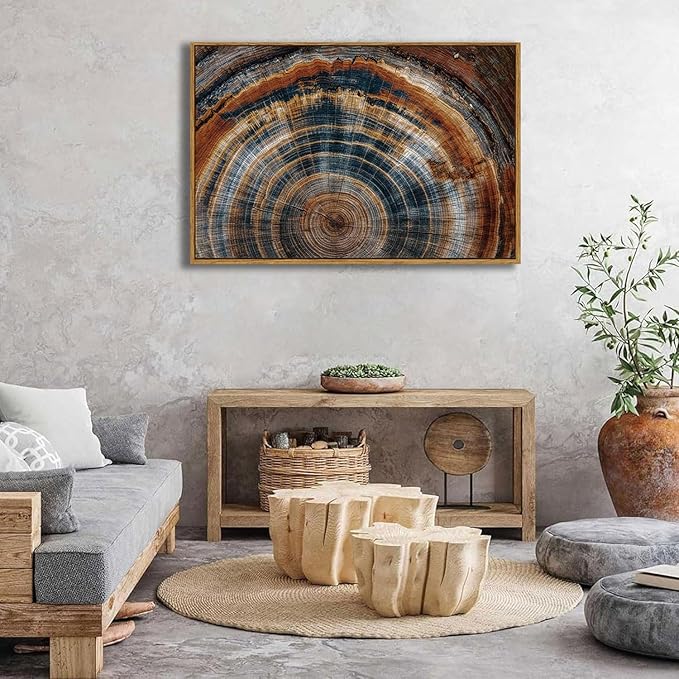 BingruiArt Large Framed Tree Ring Wall Art Wood Canvas Colorful Boho Wall Decor Rustic Artwork Abstract Painting Farmhouse Picture Nature Print for Living Room Bedroom Bathroom 24"x36" Natural Framed(04)