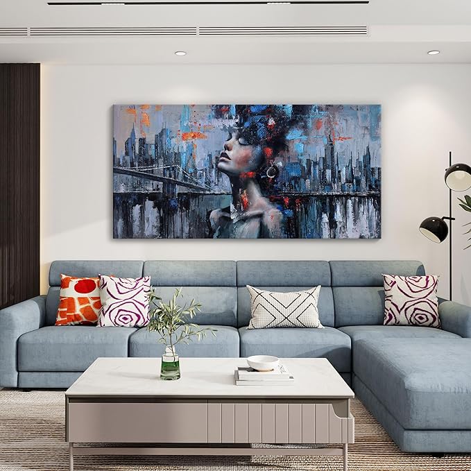 Navy Blue Abstract Wall Art Woman Picture for Living Room Modern Home Bedroom Decoration New York City Framed Cityscape Artwork Decor 29x58IN