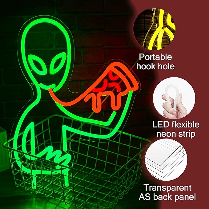 Alien Pizza Neon Sign Dimmable Cool Alien Neon Light Usb Powered Pizza Shop Light Up Sign Tasty Food Led Light Sign for Restaurant Party Bar Pub Man Cave Snack Shop Wall Decor(16.54*12.6 in)