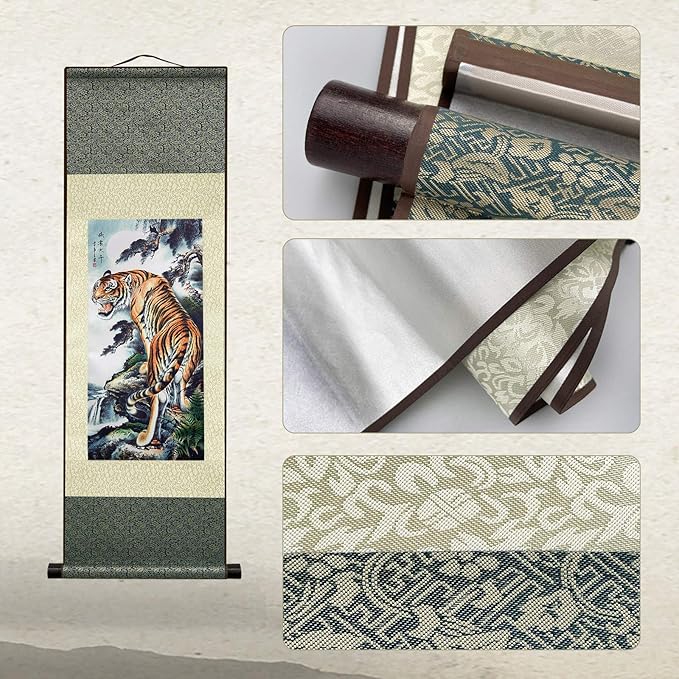 AtfArt Asian Wall Decor Beautiful Silk Scroll Painting Deterrence Tiger Oriental Decor Chinese Art Wall Scroll Wall Hanging Painting Scroll (36.2 x 12 in)