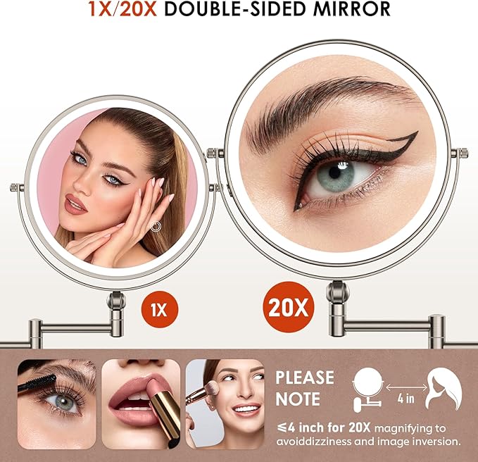 9" Wall Mounted Lighted Makeup Mirror,4000mAh Rechargeable Double Sided 1X/20X Magnifying Mirror with Light,Touch Dimmable,Extended Arm 360 Rotation Wall Mounted Makeup Mirror 3 Color Lights-N