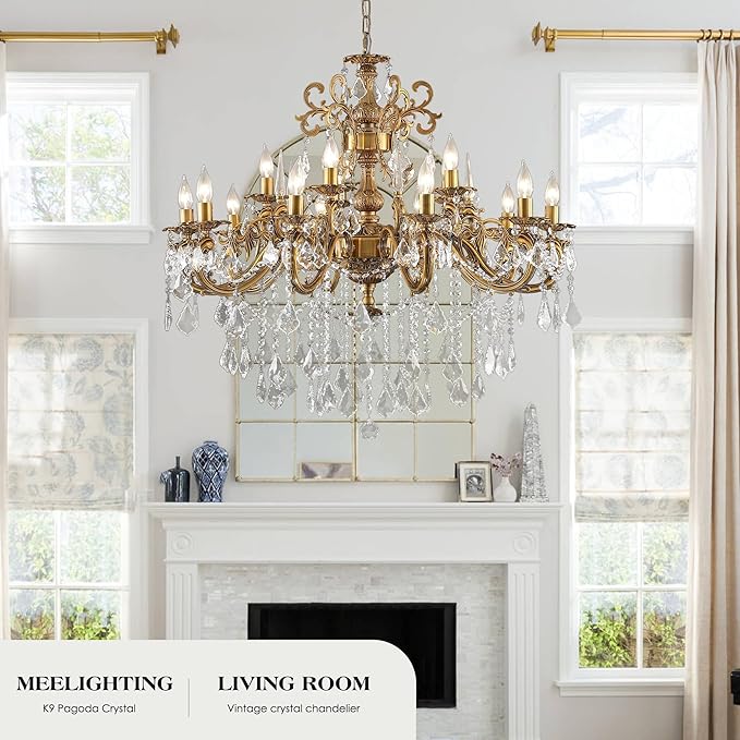 Antique Bronze Crystal Chandeliers, Luxury Gold Candle Pendant Ceiling Light Fixture, 15 Lights Golden Crystal Chandelier for Dining Room, Living Room, Bedroom, Kitchen Island, Hallway