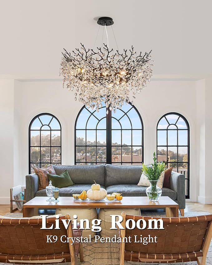 Modern Crystal Chandelier for Dining Room, 39.5" Black Tree Branch Chandeliers, 12-Light Luxury K9 Crystal Round Chandeliers for Kitchen Island Living Room