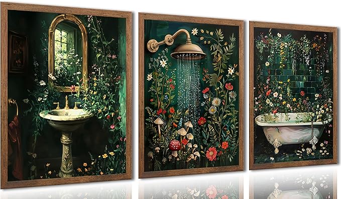 3pcs Green Botanical Bathroom Canvas Wall Art Washbasin Shower Baths Floral Poster Print Paintings Rural Dark Green Wildflowers Bathroom Picture Wall Decor for Laundry Room Bathroom Home Decoration