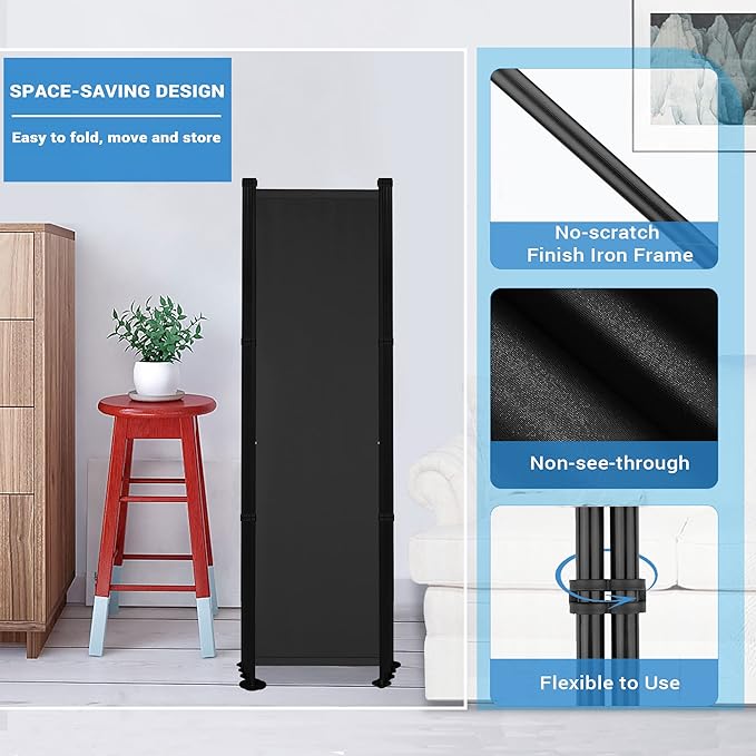 MAYOLIAH 6 Panel Room Dividers Folding Privacy Screen, 10ft Wide 6ft Tall Partition Office Walls Separator with Small Base, Black