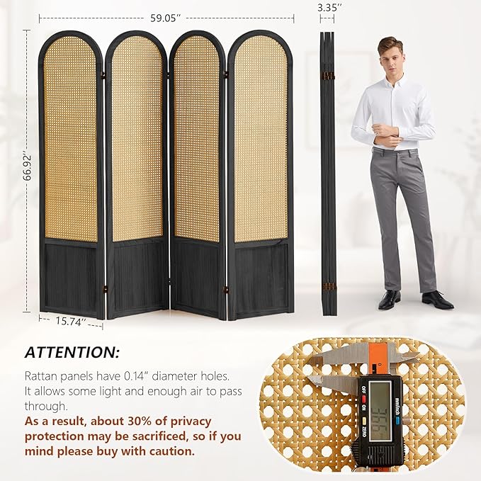 4 Panel Room Divider and Folding Privacy Screen 5.6 Ft Foldable Double Hinged Room Partition, Hand-Woven Rattan Room Divider Portable Wood Wall Divider for Room Separation, Home, Black