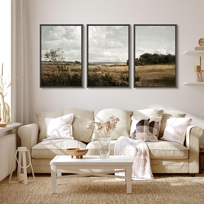 MUDECOR Framed Canvas Print Wall Art Rustic Fields Tranquil Countryside Landscape Nature Wilderness Illustrations Realism Decorative Panoramic Earth for Living Room, Bedroom, Office - 24"x36"x3 Black