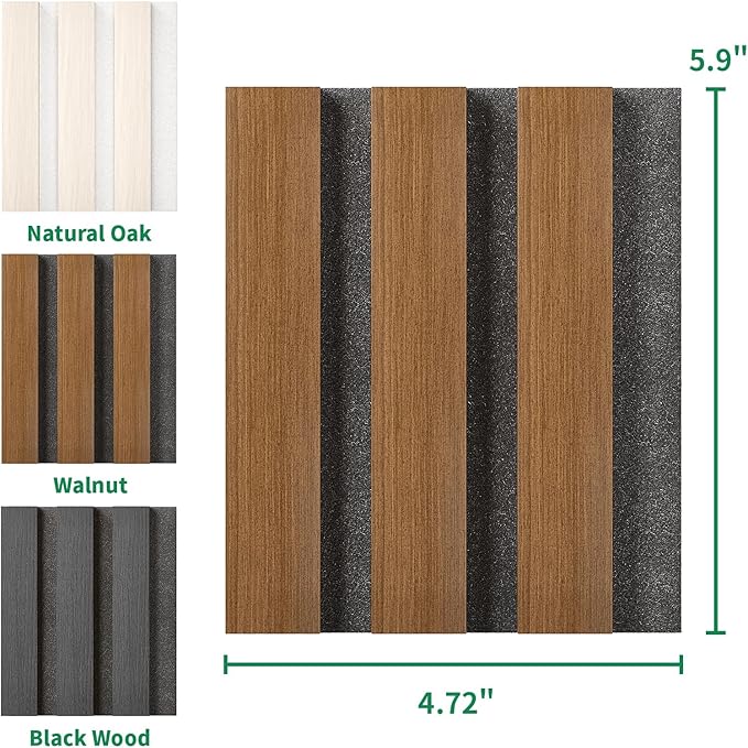 3 Pack Sample Set 3D Acoustic Slat Panels, 4.72" x 5.9" Sound Absorbing Wood Finish Panels, White, Walnut & Black, Decorative Acoustic Wall, Samples