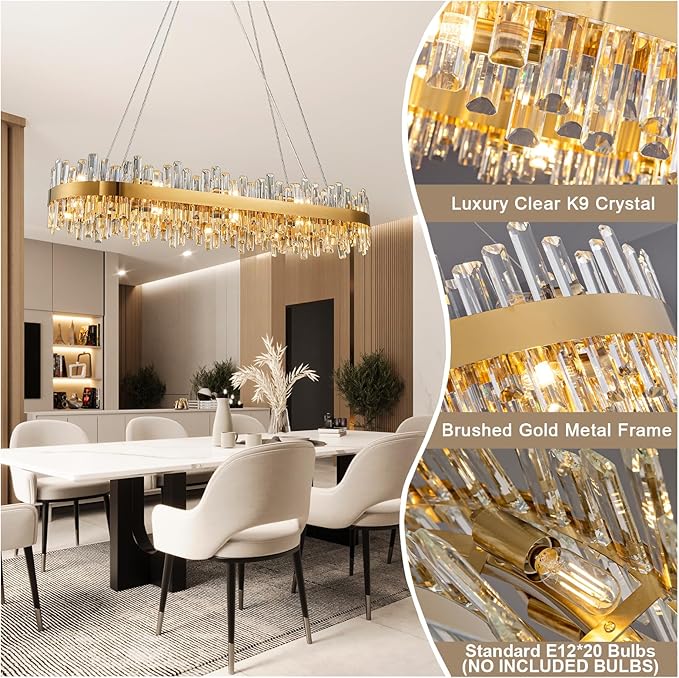 Modern Crystal Chandeliers, Luxury Gold Rectangle Light Fixture, 2-Tier Rectangular Brass Raindrop Chandelier for Dining Room, Oval Pendant Ceiling Light for Kitchen Island, L52''
