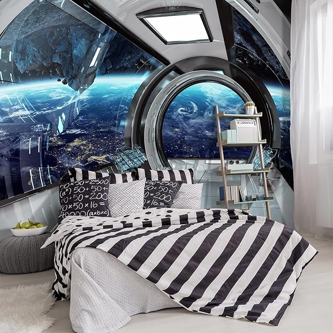 -3D Capsule Space Fabric Wallpaper Living Room Bedroom Bathroom Boys Girls Children's Room Spaceship Large Mural- 91"x65"（ not Peel and Stick）